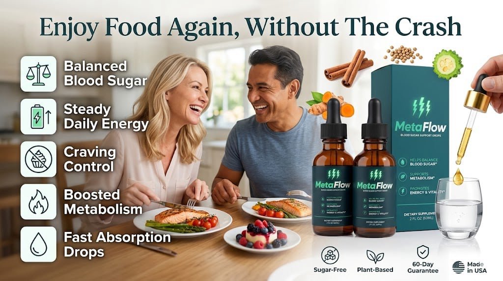 A couple enjoying a healthy meal alongside MetaFlow blood sugar support drops and a list of product benefits.