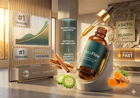 MetaFlow blood sugar support bottle on a pedestal with cinnamon, turmeric, and bitter melon.