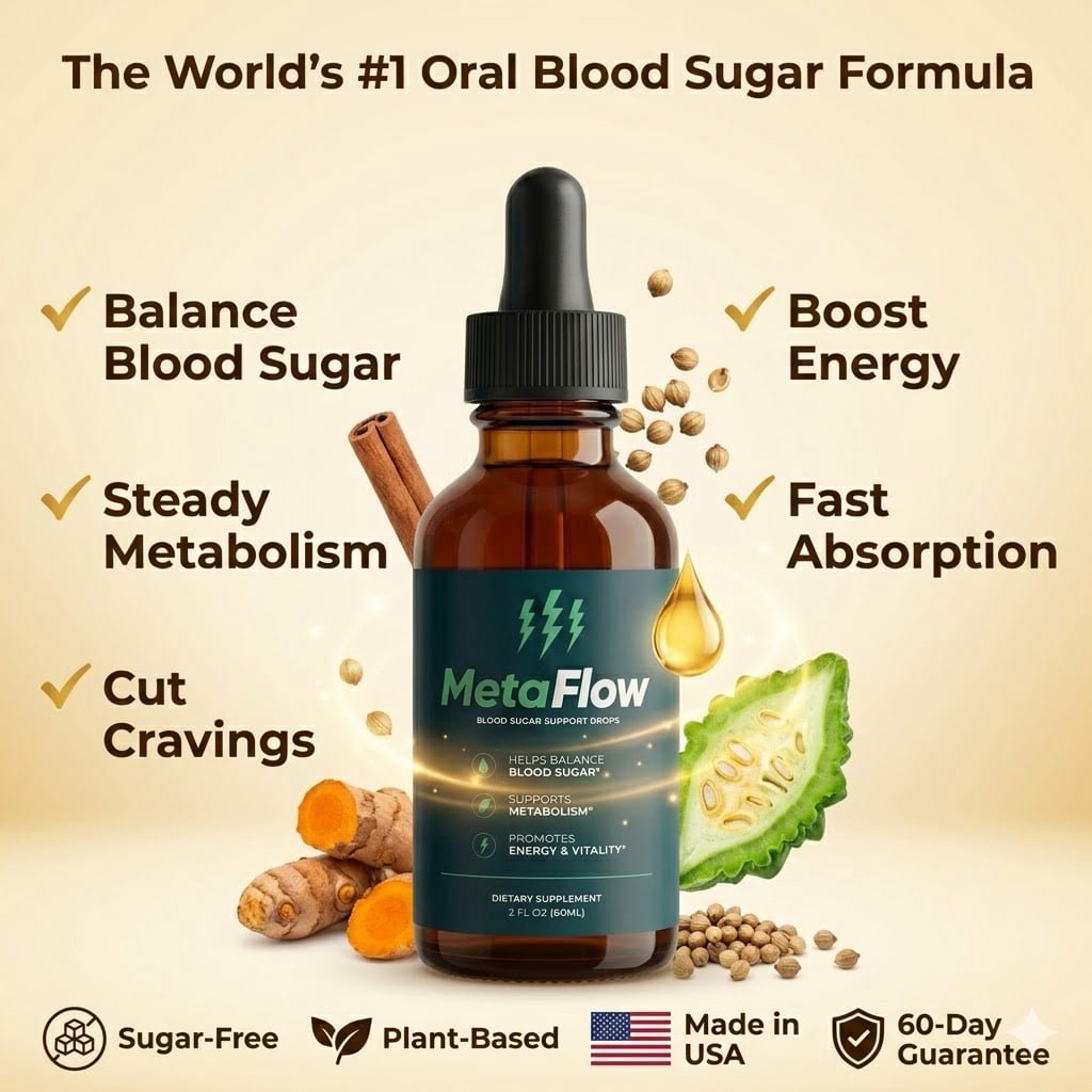 MetaFlow supplement bottle with natural ingredients.