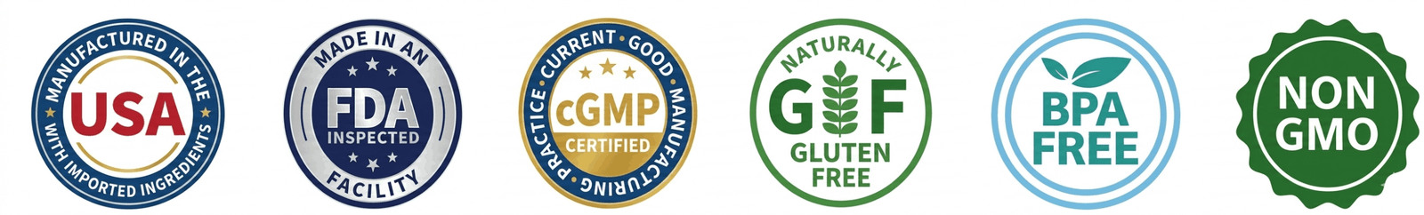 MetaFlow USA-made badges: FDA, cGMP, sugar-free, non-GMO